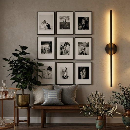 Modern black wireless LED wall sconce with rechargeable design, touch control, and remote operation.
