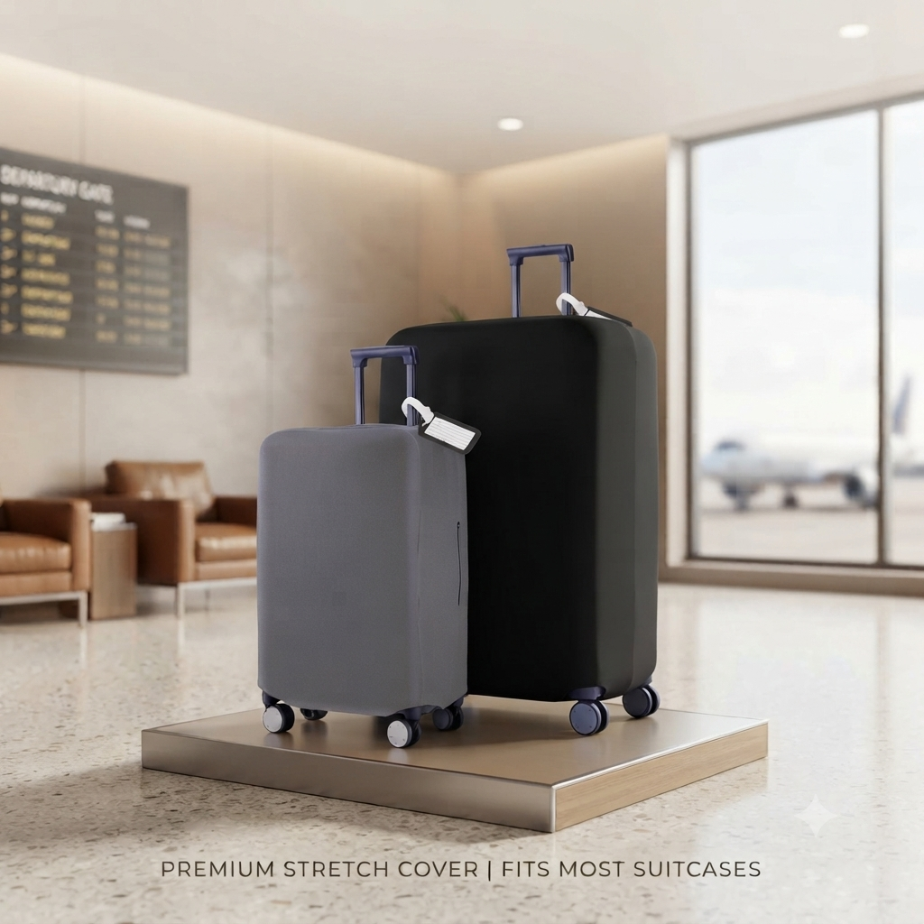 Stretchy washable luggage cover available in Grey and Black with sizes from 18 to 32 inches for suitcase protection.