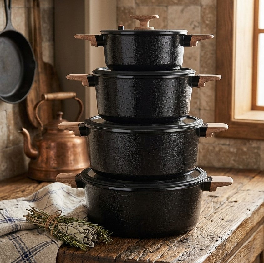 MGC crocodile series 10pcs ceramic cookware set, die cast aluminum pots with non stick coating and induction base.