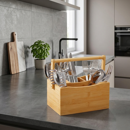 Portable Bamboo Cutlery Organizer With Handle