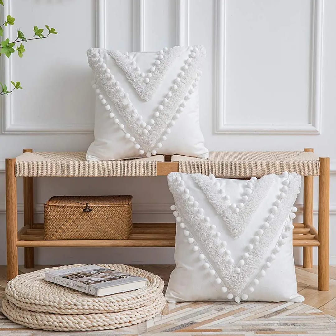 2pcs Tufted Throw Pillow Cover with White Pompoms