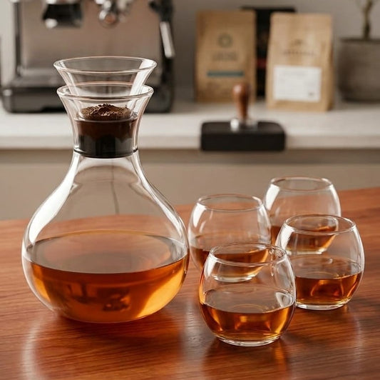 Round glass decanter set with four matching glasses and 800 ml capacity for serving beverages.