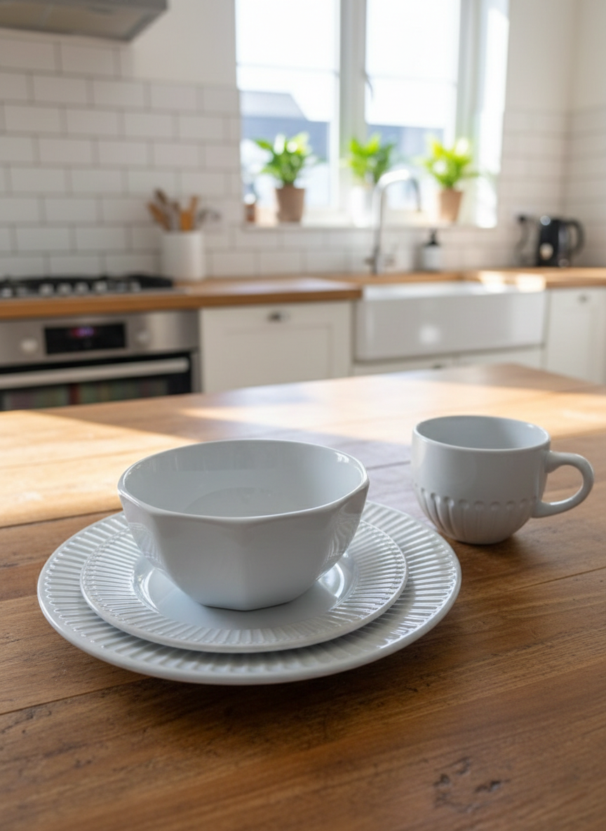 24-piece Dinner set with plates, side plates, bowls, and cups in assorted colours.