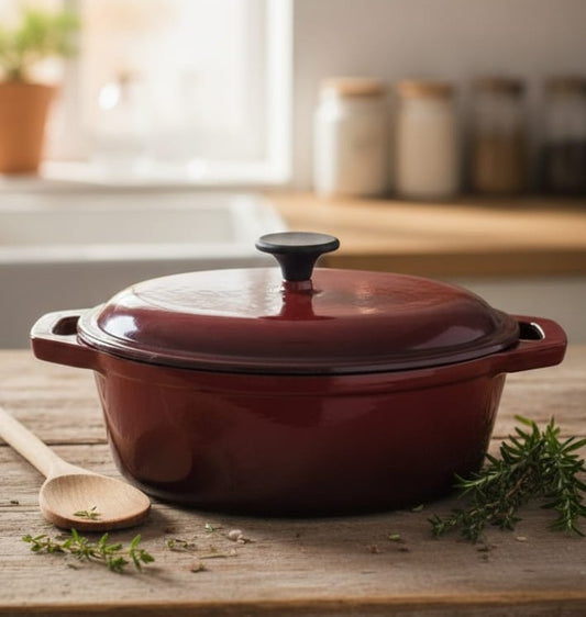Heavy-duty cast iron sufuria cooking pot in maroon and cream colors