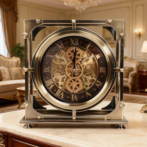 Luxembourg Line Desk Clock 13 Inch Round Clock with Moving Gears