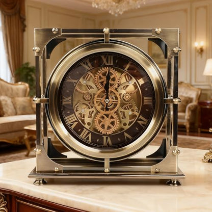 Luxembourg Line Desk Clock 13 Inch Round Clock with Moving Gears