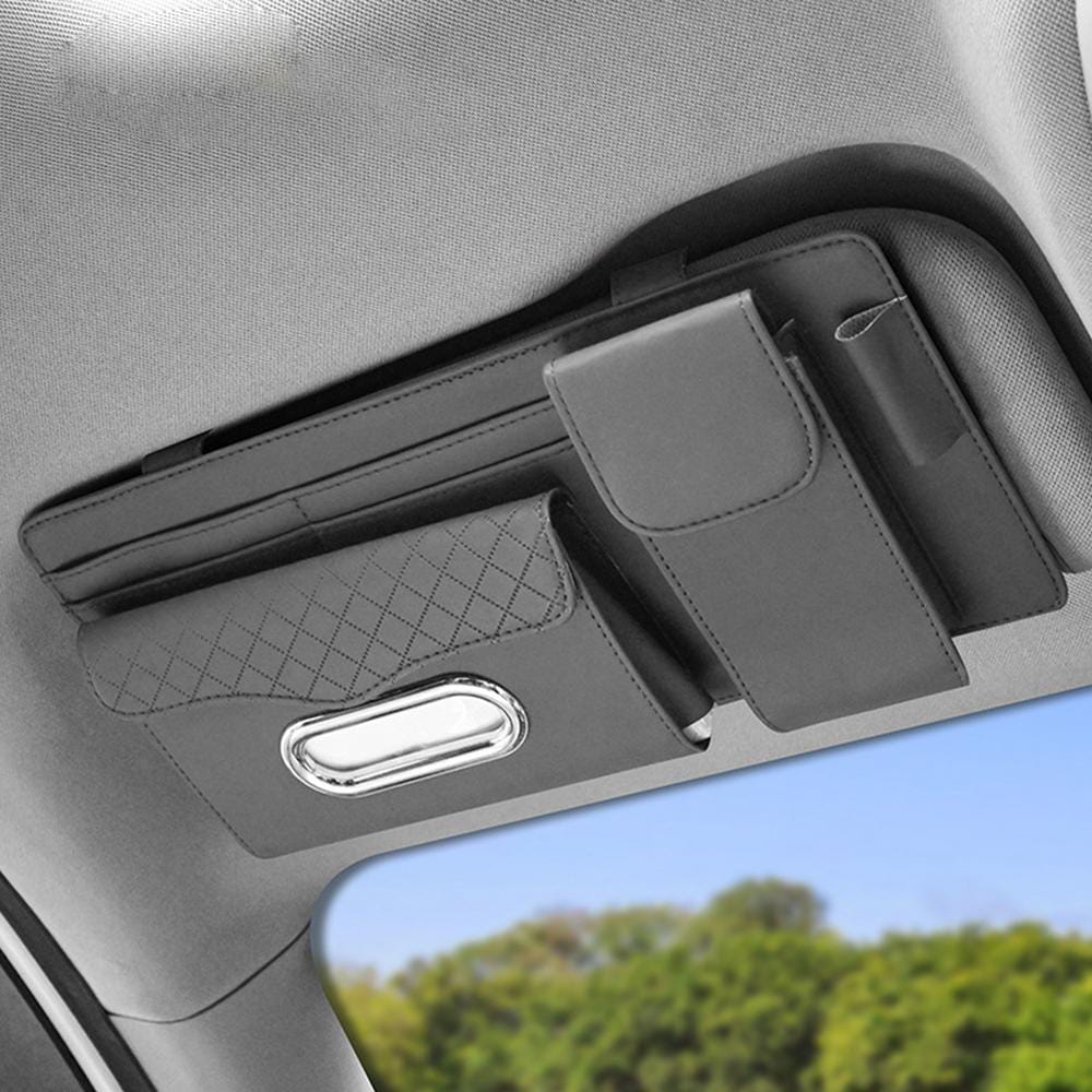 PU leather multifunctional car sun visor organizer with tissue holder and storage pockets in black and beige colors