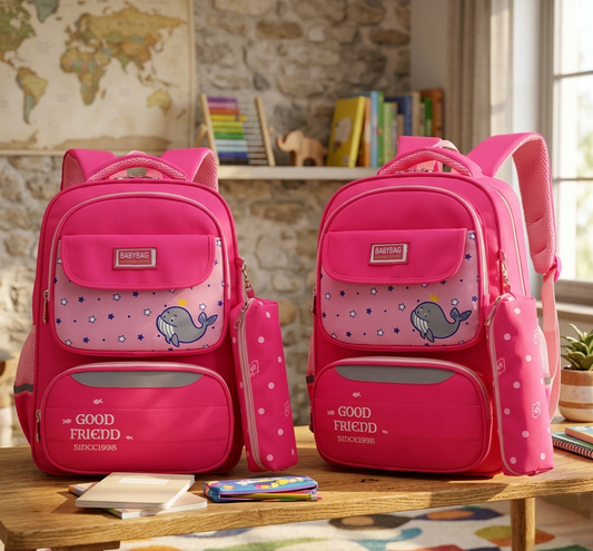 Dolphin kids school backpack with pencil pouch in colorful design for everyday school use