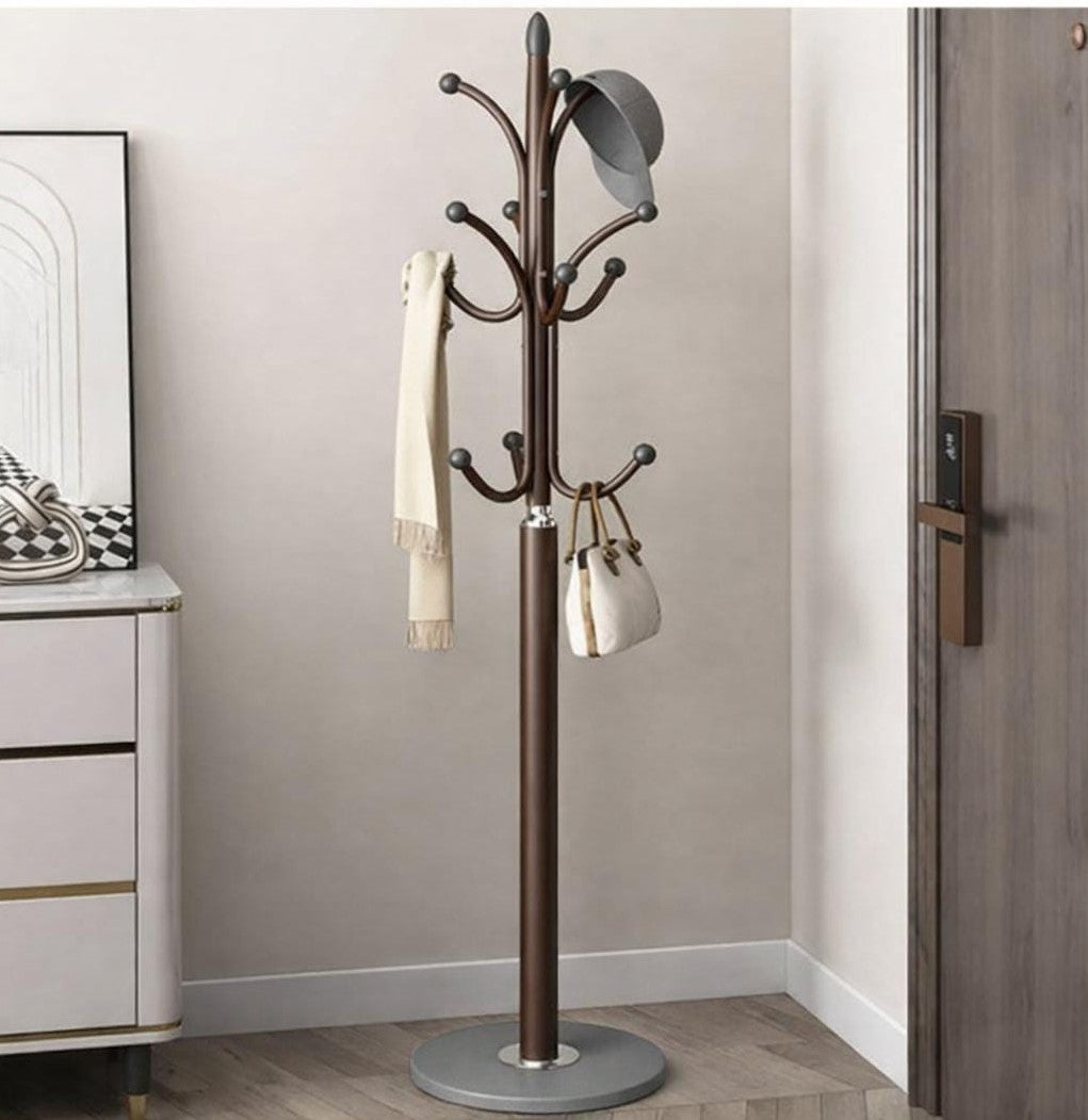Heavy duty metallic coat stand with multiple hooks and wide base for hanging coats, jackets, bags, and hats.