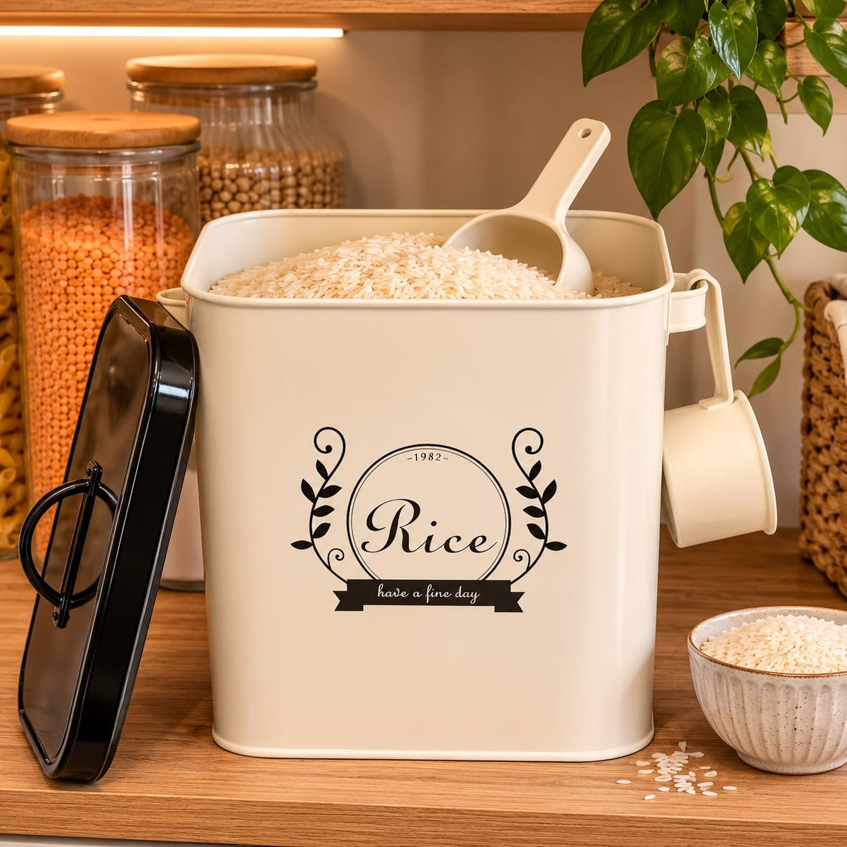 White airtight rice storage container with a 4 kg capacity, scoop, and side handles for storing rice and other dry foods.