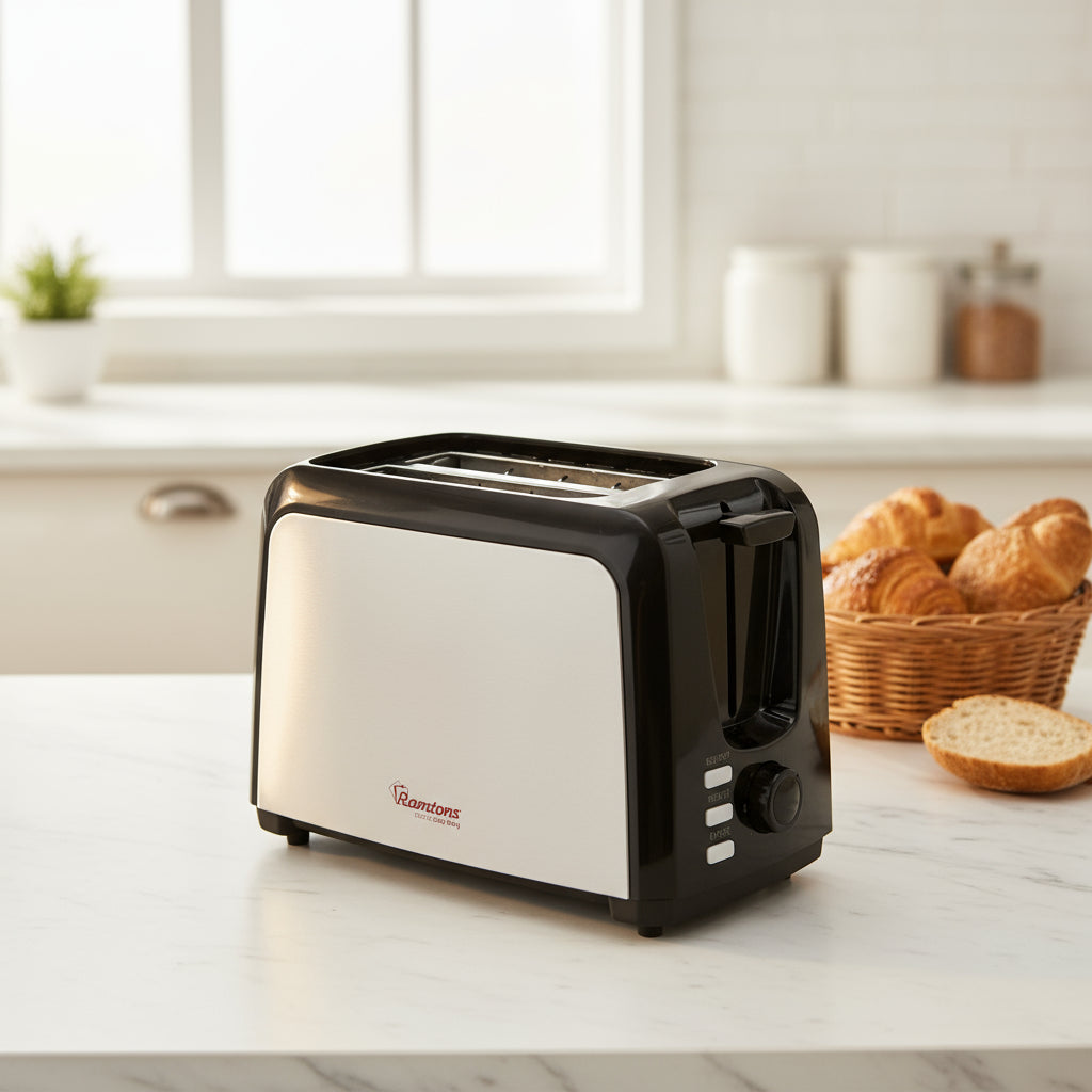 Stainless steel 2-slice pop-up toaster with adjustable browning and crumb tray