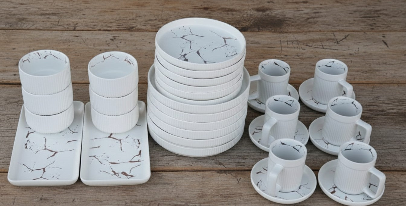 32Pc Matte Stoneware Marble Finish Dinner Set