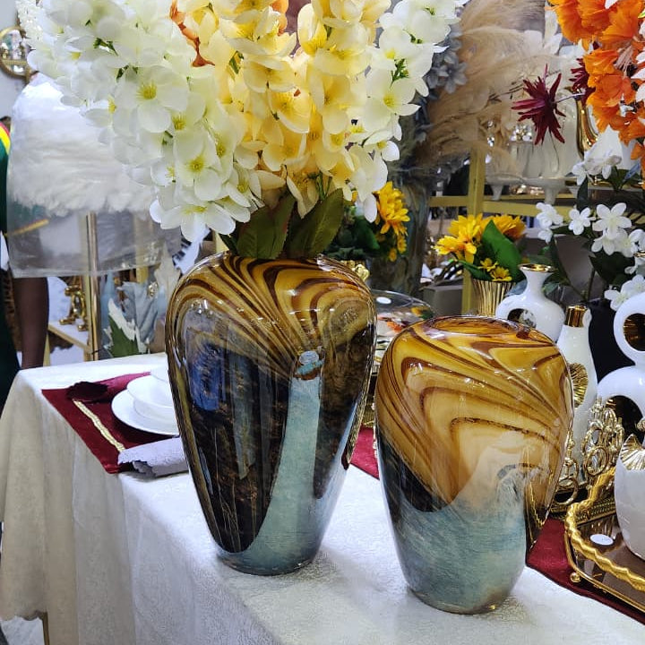 Handblown Amber Swirl Glass vase with caramel, brown, and smoke grey patterns