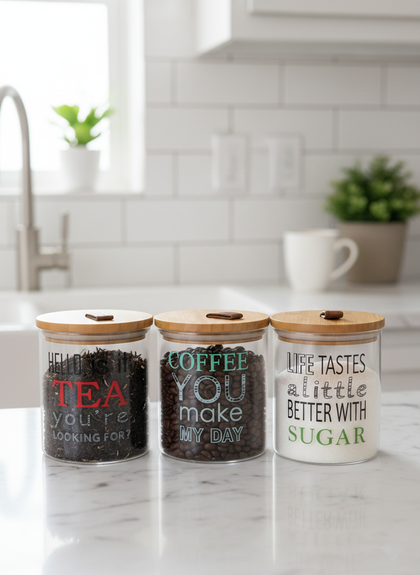 Set of three stylish kitchen storage canisters for tea, coffee, and sugar.