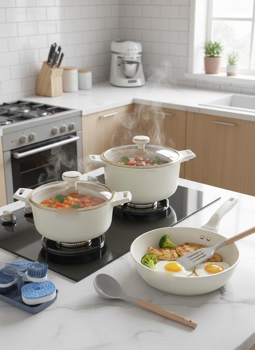 12-piece Granite non-stick cookware set in grey, red, and ivory.