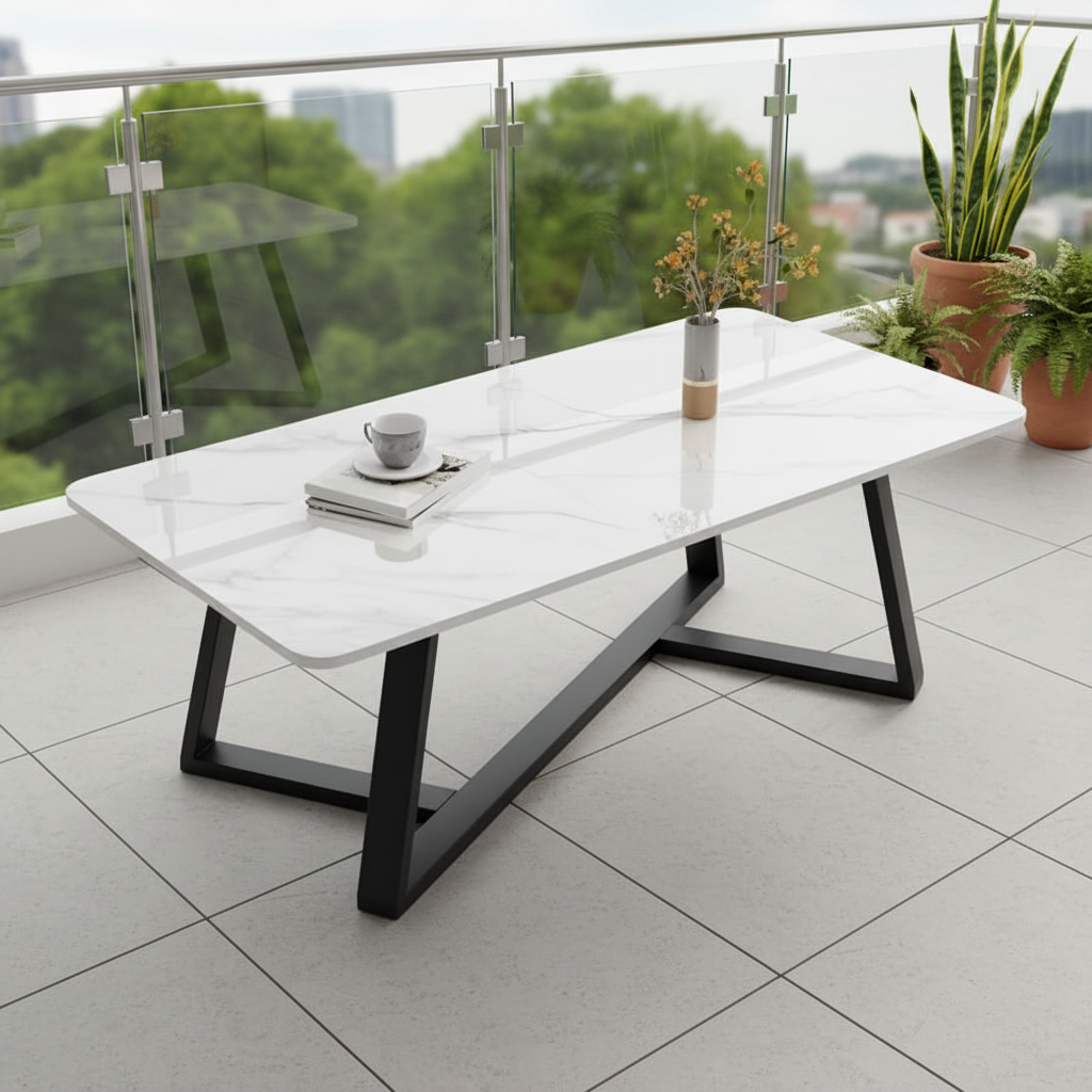 Marble Top Coffee Table  with White Surface and Black Metal Frame