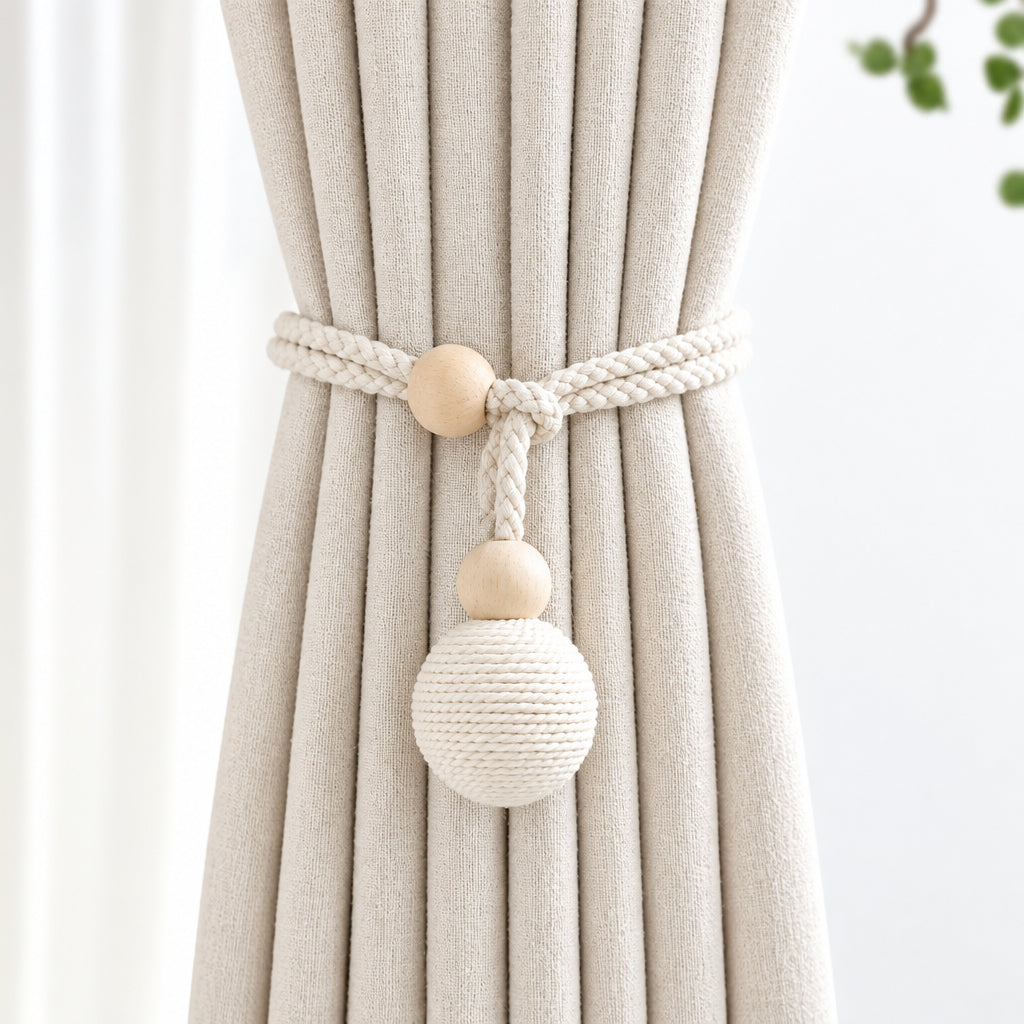 Curtain Tieback with Natural Wood Beads and Knotted Ball – Pair