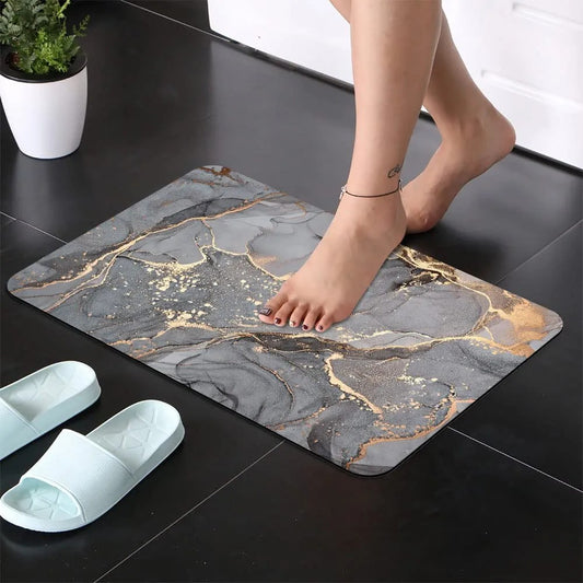 Black and gold marble diatomaceous earth bath mat, 48×78 cm, super absorbent, fast-drying, and non-slip for bathroom, kitchen, or hallway use. 