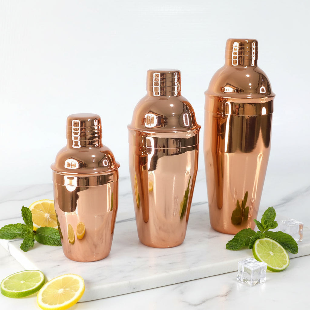 Rose gold stainless steel cocktail shaker, 550ml and 775ml sizes,