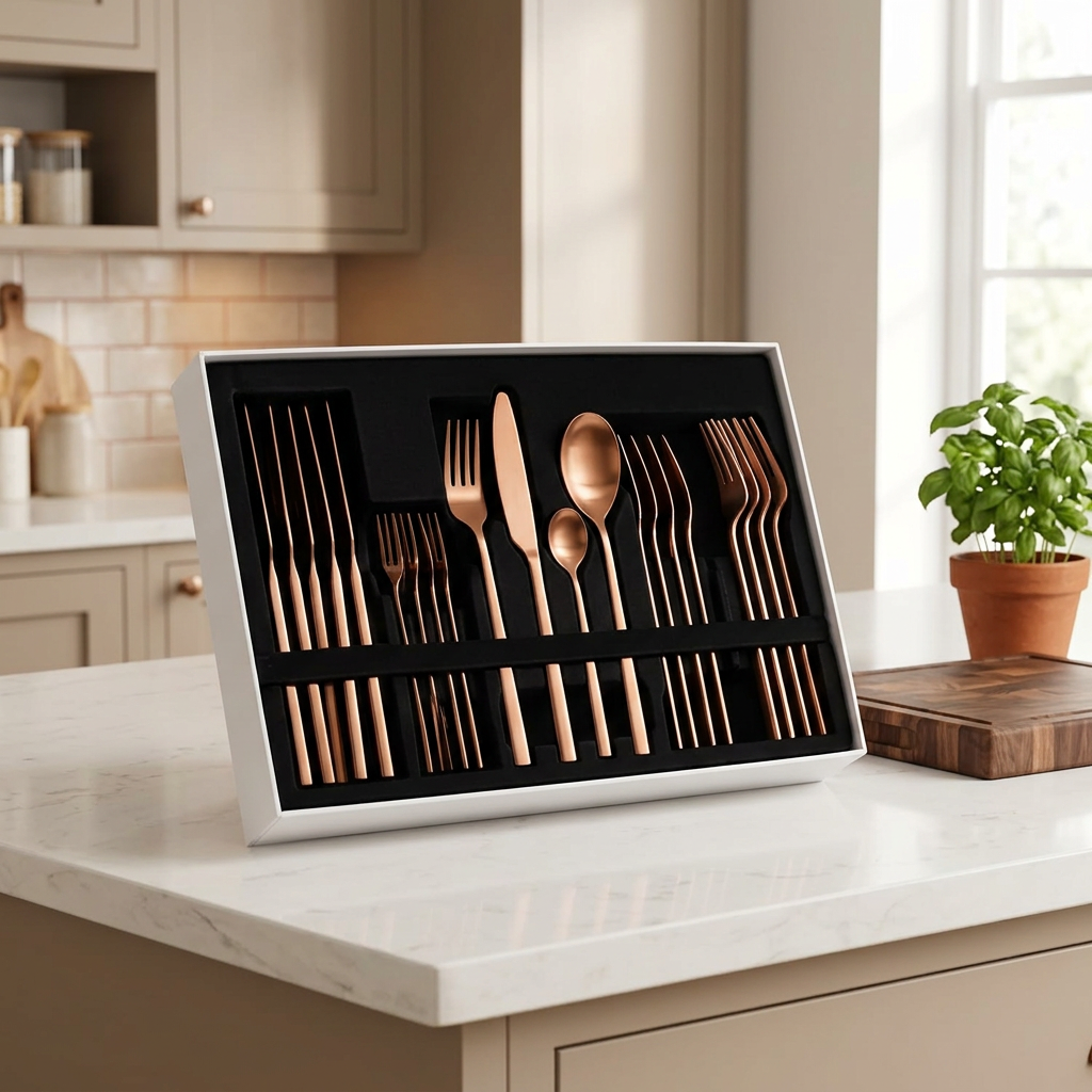 Rose-gold cutlery gift set displayed in a home kitchen, 865 × 865 px