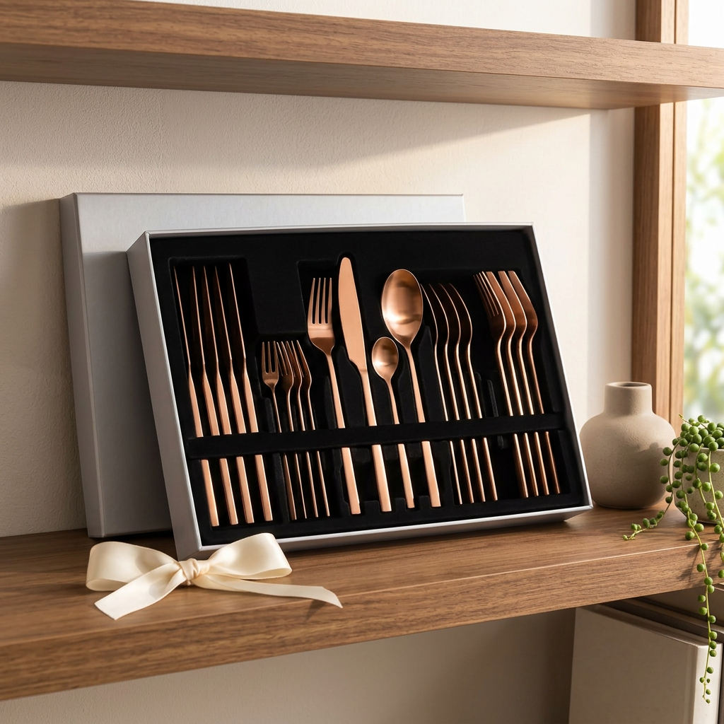 Rose-gold cutlery gift set displayed on a top shelf at home, 865 × 865 px