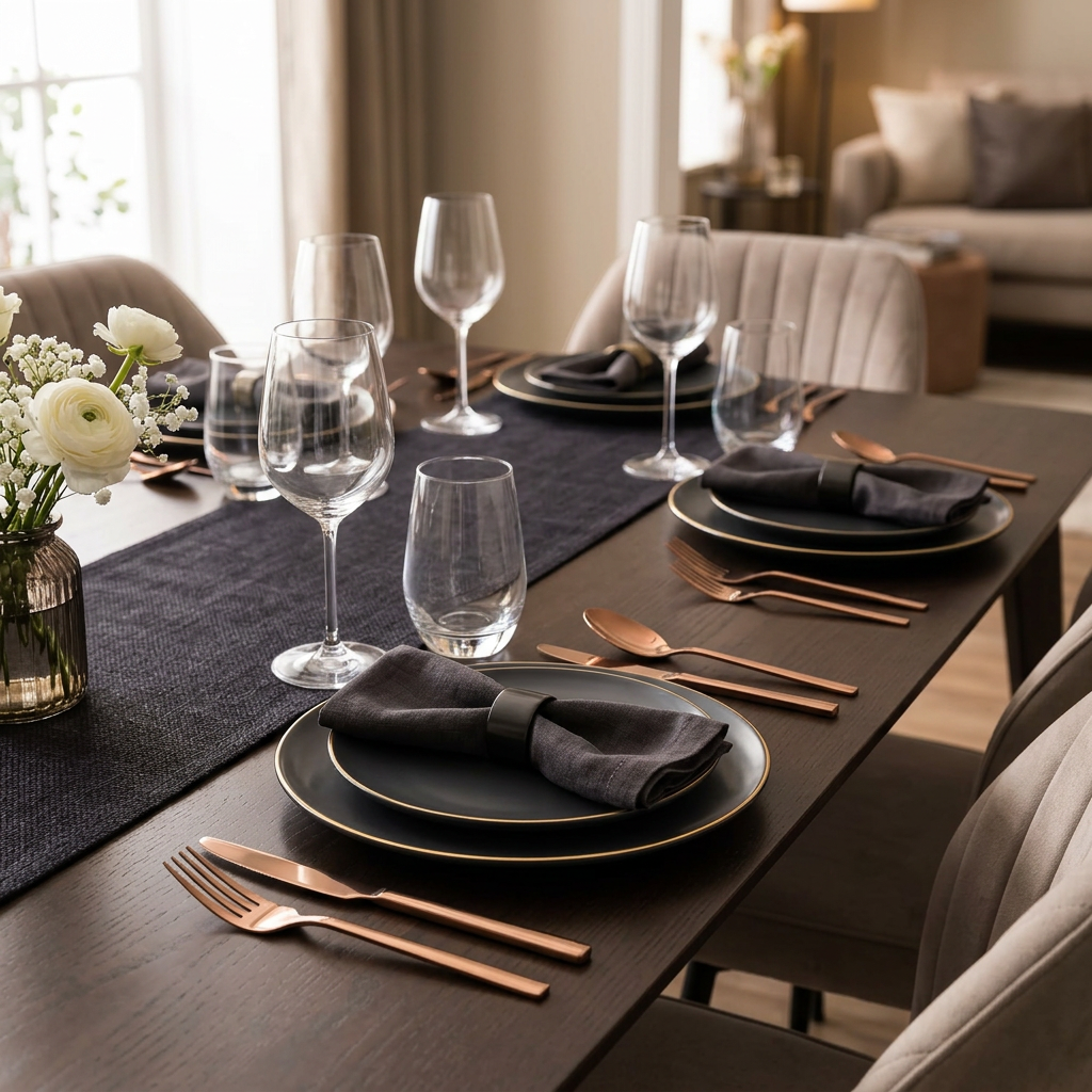 Rose-gold cutlery styled on a home dining table, 865 × 865 px