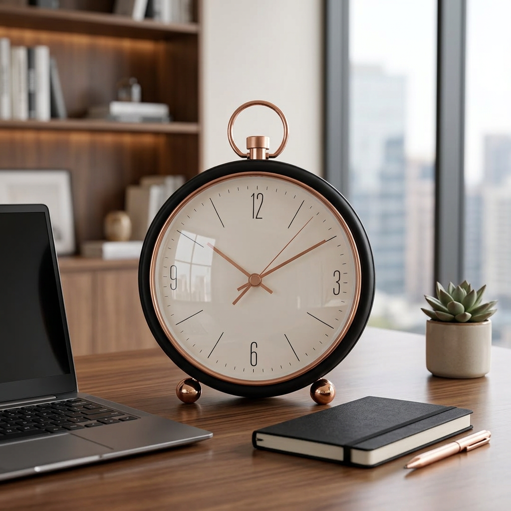 Same black and rose-gold clock styled on a desk in a contemporary office