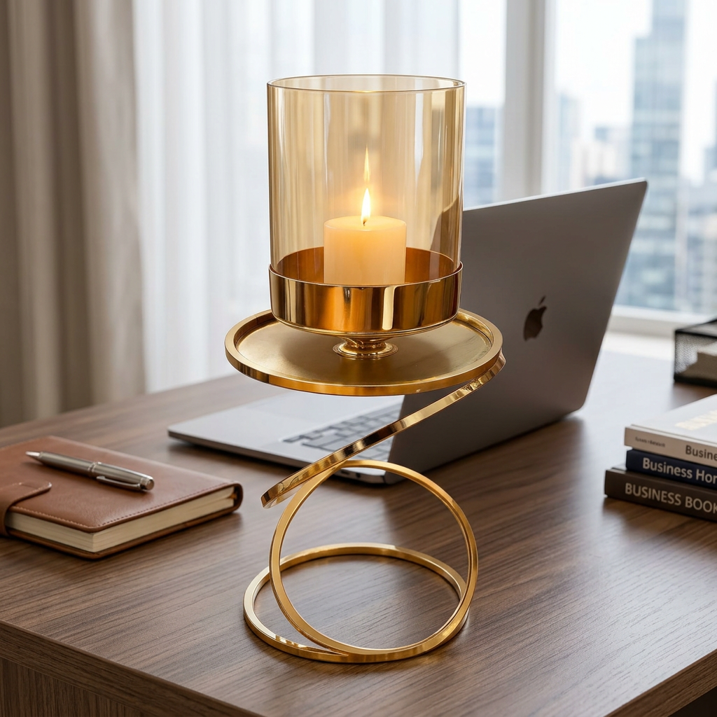 Same gold candle holder lit on a modern office desktop