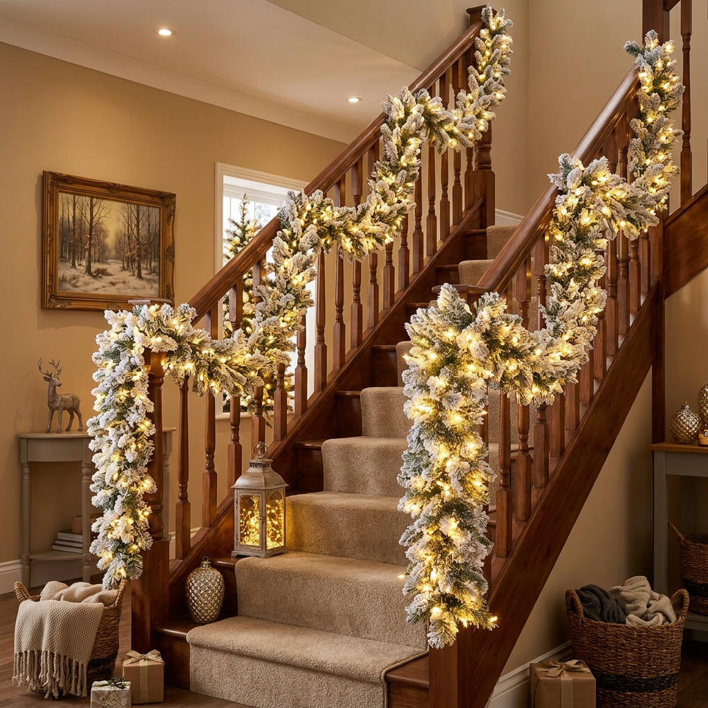 Snow-flocked garland with built-in lights decorated on a staircase