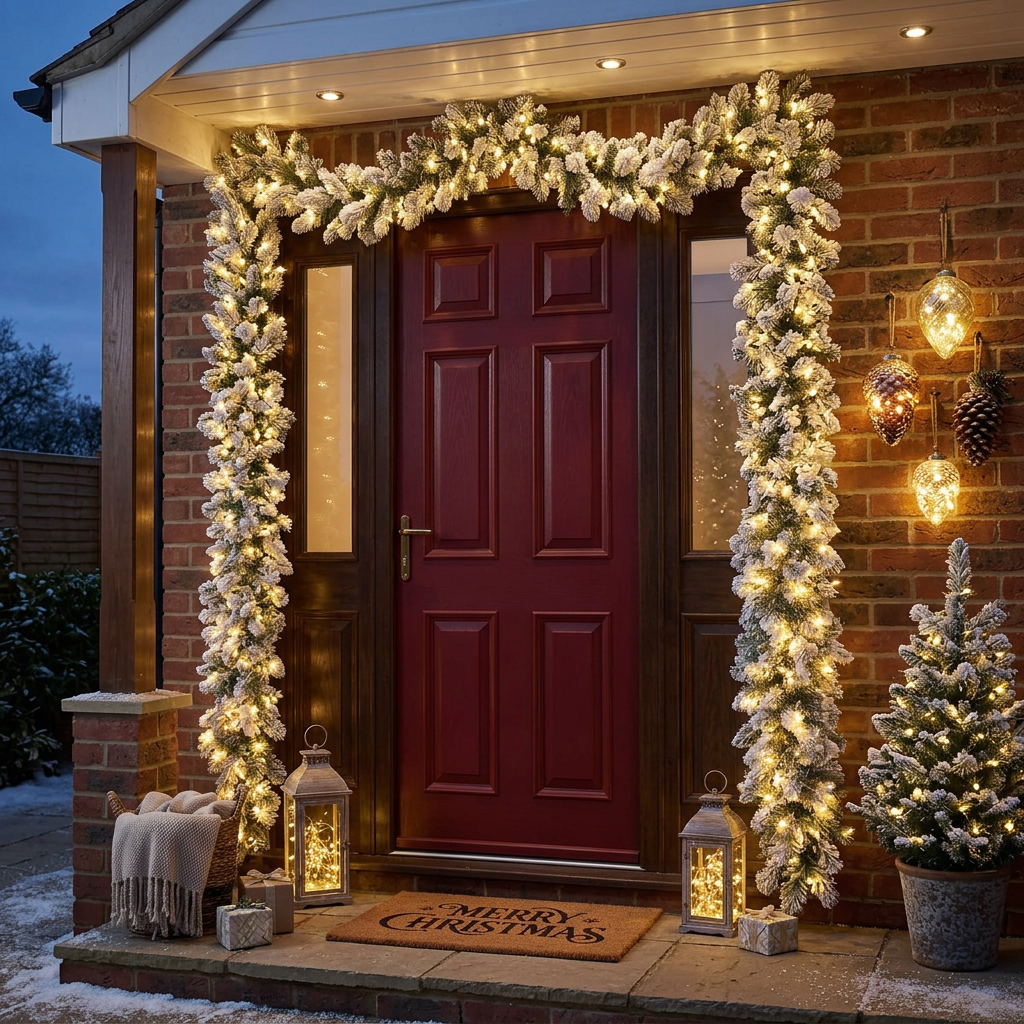 Snow-flocked garland with built-in lights decorating a Christmas home front door