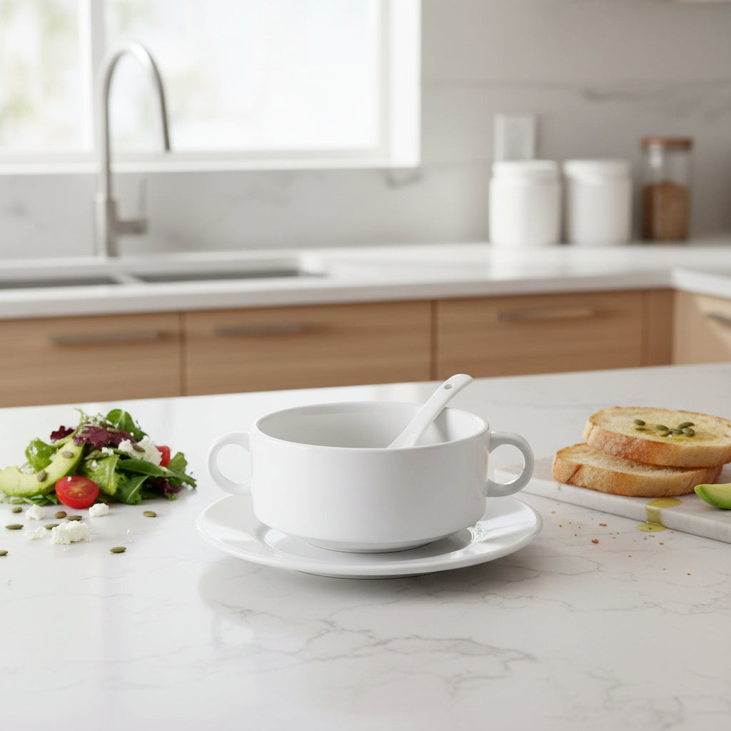 Porcelain Soup Bowl Set with Handles, Saucer & Spoon