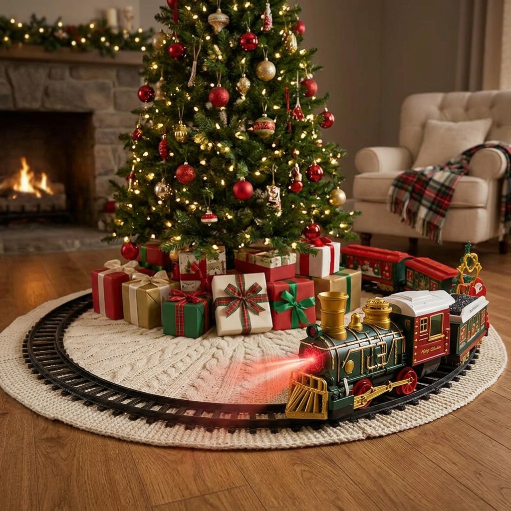 The same Christmas train in a cozy fireplace setting, without the child