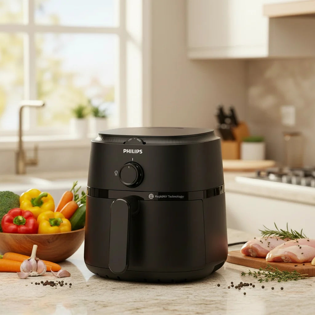 1000 Series 3.2L air fryer with 1300W power and RapidAir technology for healthier frying, baking, grilling, and roasting NA110/09.