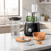 Black Philips 5000 Series food processor with blender jar and multiple attachments 
