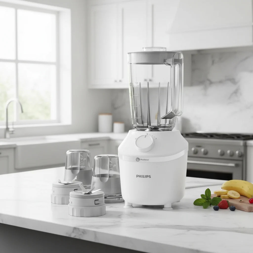 Philips 3000 Series HR2041 blender with 1.9L plastic jar and stainless steel blades for everyday smoothie and soup preparation.