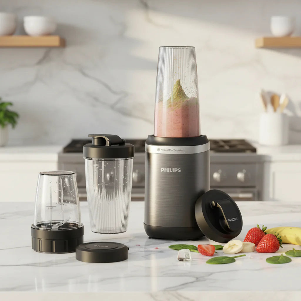 5000 Series 1000W blender with ProBlend Plus system, multiple tumblers and grinding cup for smoothies, coffee, spices, and portable blending.