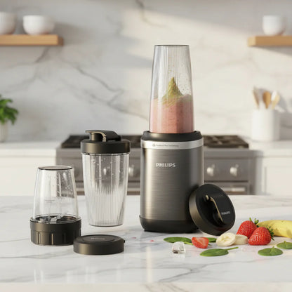 5000 Series 1000W blender with ProBlend Plus system, multiple tumblers and grinding cup for smoothies, coffee, spices, and portable blending.