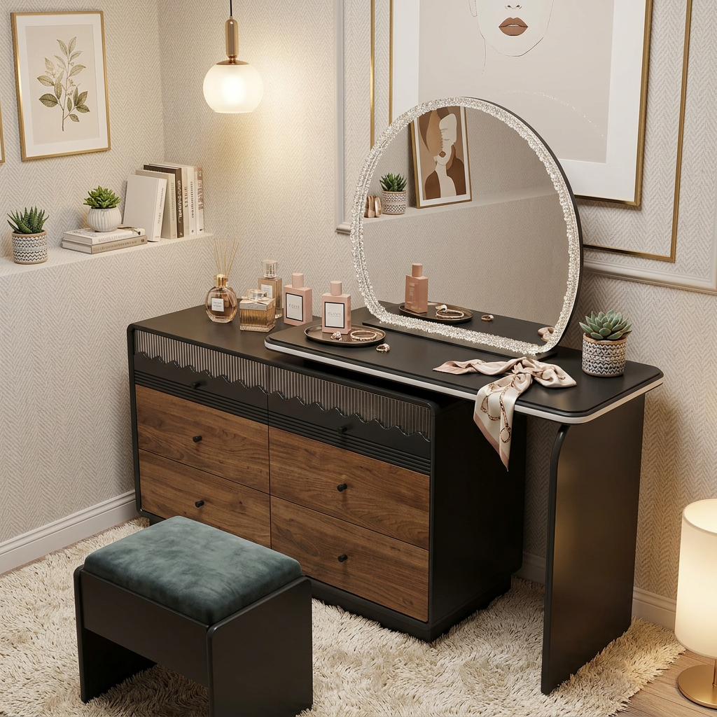 Walnut and Black Dressing Table with Arched LED Mirror, Sliding Extending Top and Ribbed Amber Glass Drawer Trim, Six-Drawer Version, available in Nairobi, Kenya