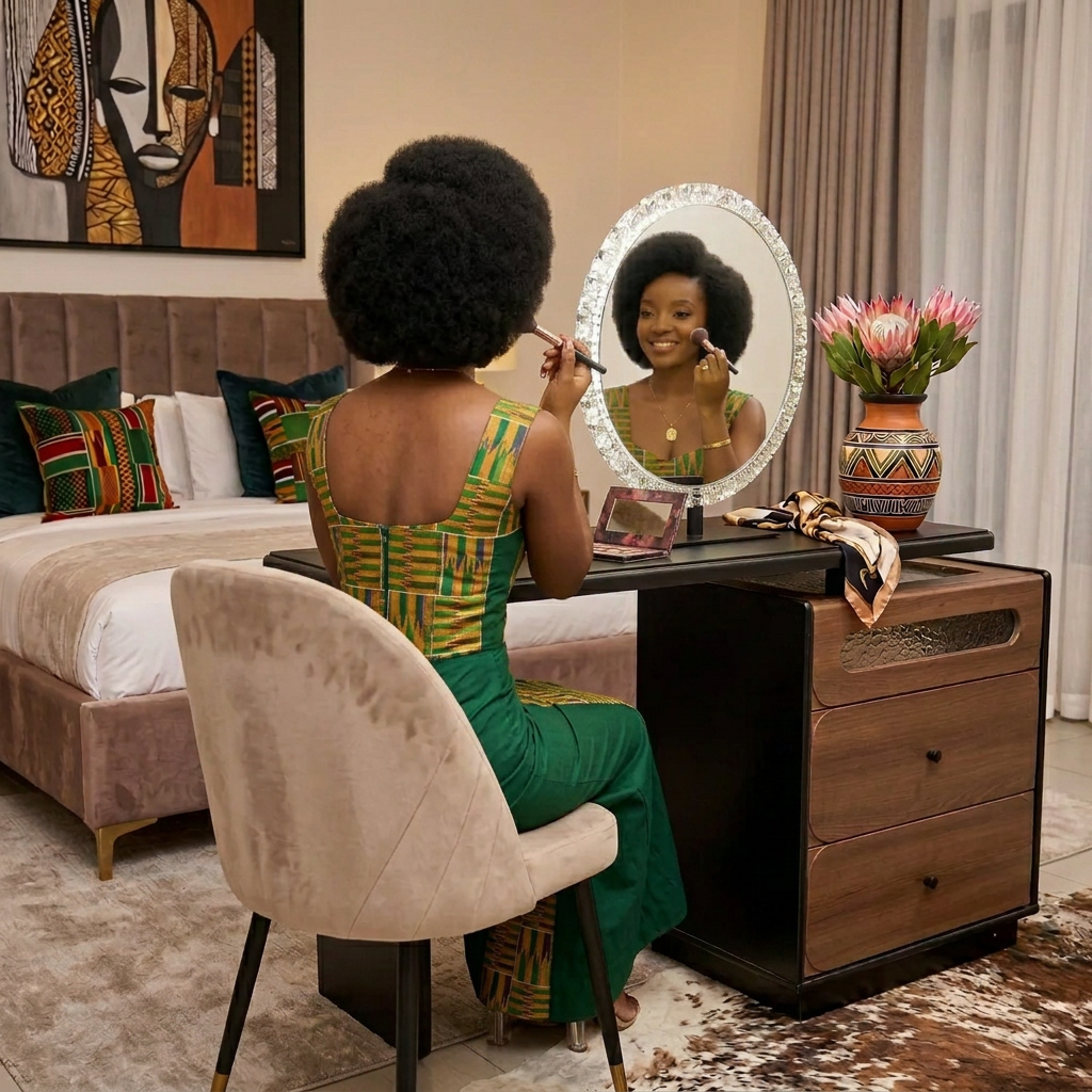 Walnut and Black Dressing Table with Round LED Mirror, Extending Black Top and Textured Glass Inlay, Three-Drawer Version, available in Nairobi, Kenya