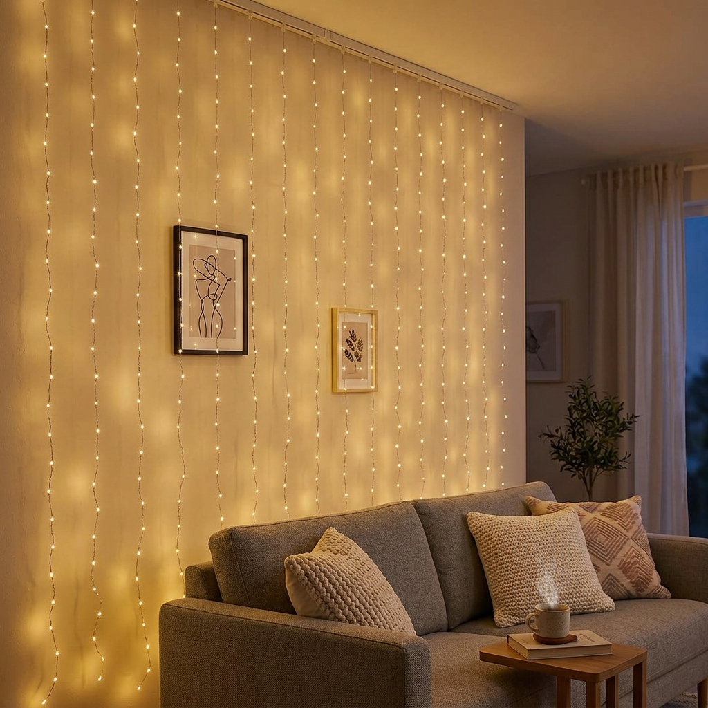 Warm white curtain string lights on an indoor living room wall