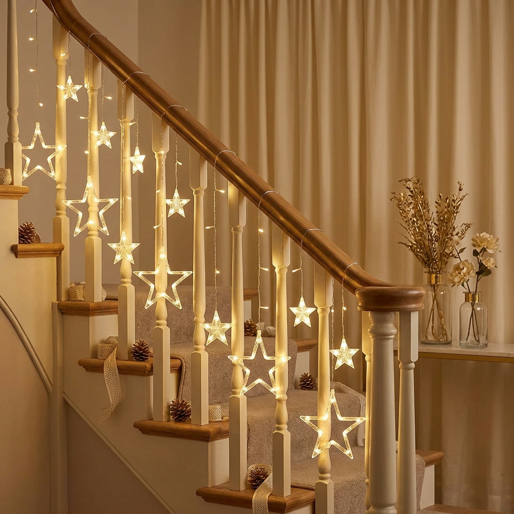 Warm-white LED star lights decorating a home staircase for a celebration, 865 × 865 px