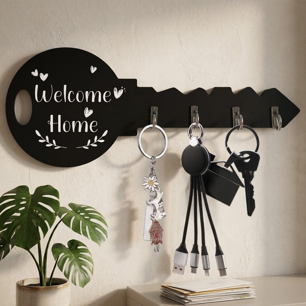 Black: Welcome Home wooden wall mounted key holder with hooks in black, available in Nairobi, Kenya.