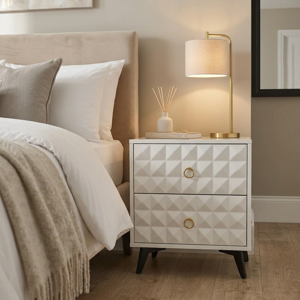 White Bedside Table with Two Drawers Geometric Front and Metal Legs