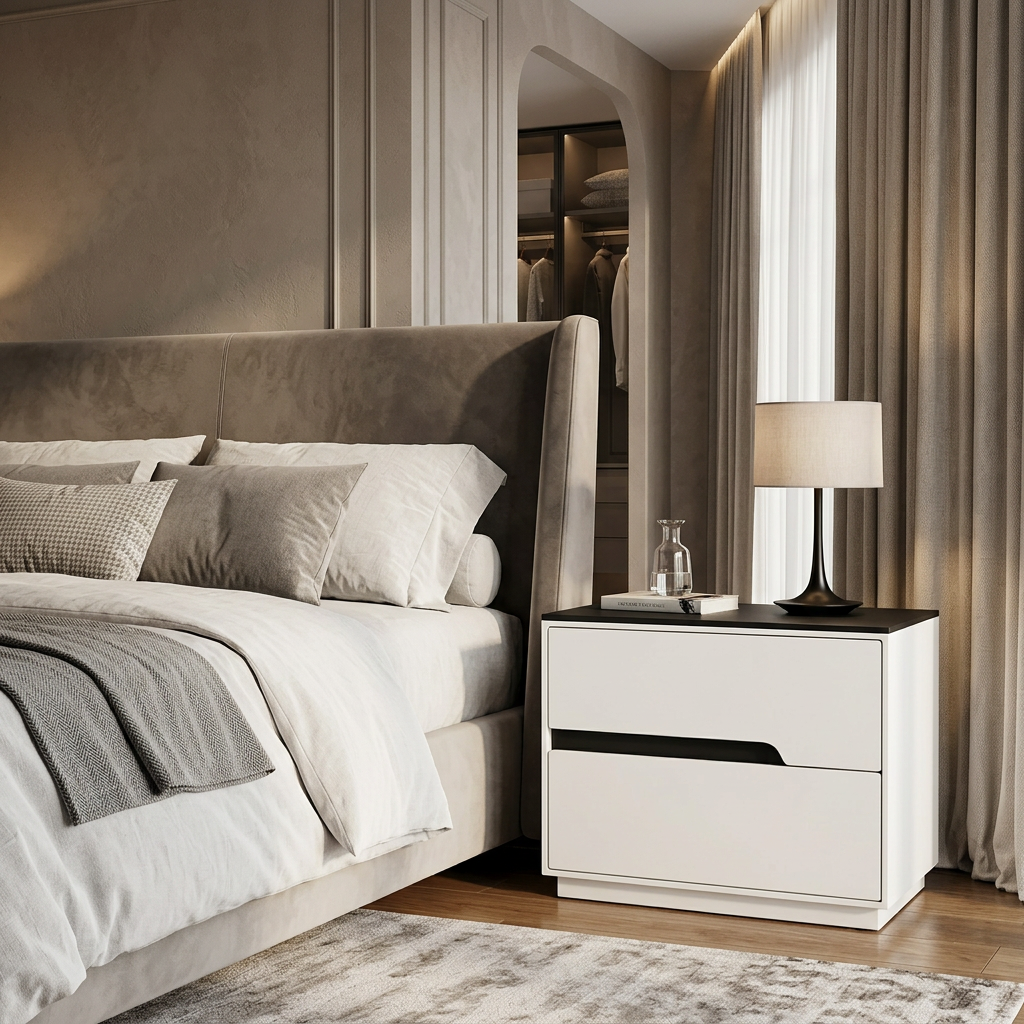 White Bedside Table with 2 Handle-Free Drawers 48x40x50cm