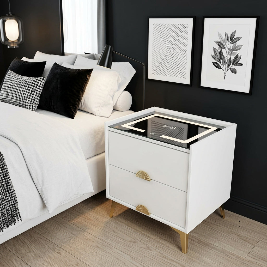 White High Gloss Bedside Table with 2 Drawers and Wireless Charging Glass Top, available in Nairobi, Kenya