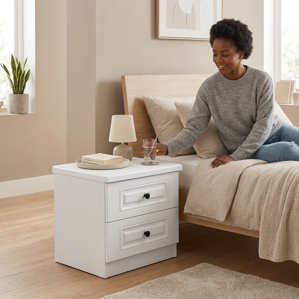 White Wooden Bedside Table with Two Drawers, Raised-Panel Fronts and Black Round Knobs, 50 × 45 × 35 cm, available in Nairobi, Kenya