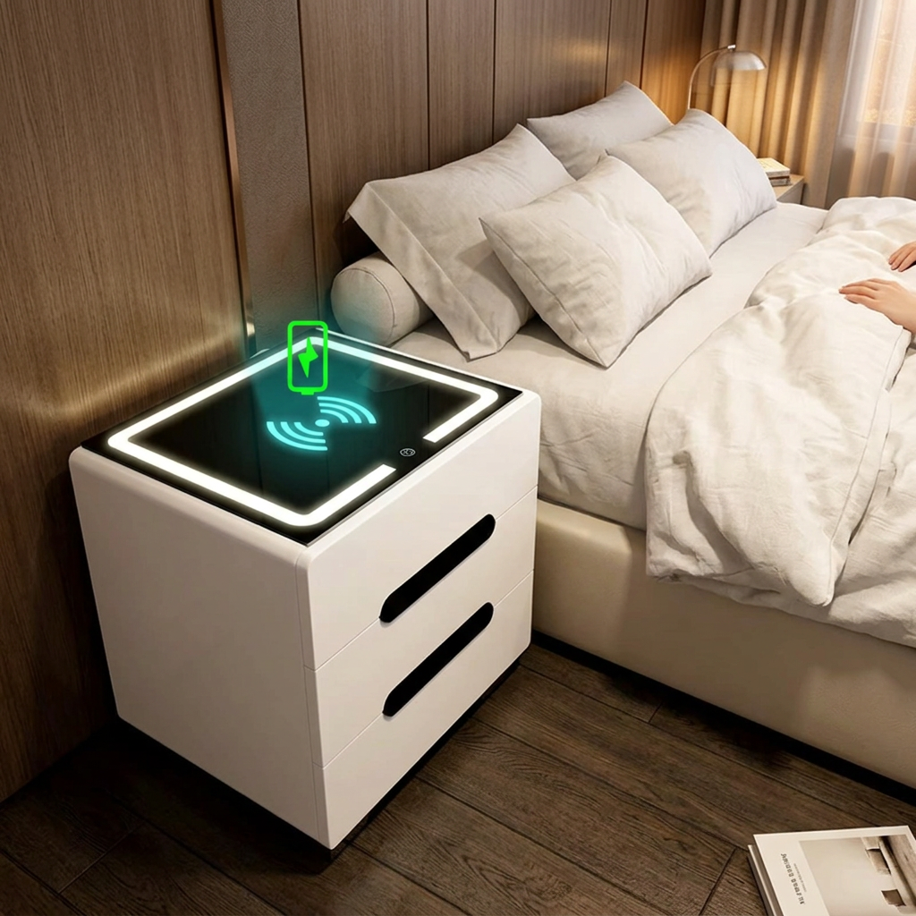 White Gloss Bedside Table with LED Glass Top and Wireless Charging