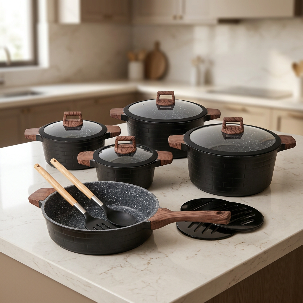 Your black cookware set with wood-look handles on a kitchen countertop, with 865 × 865 px requested