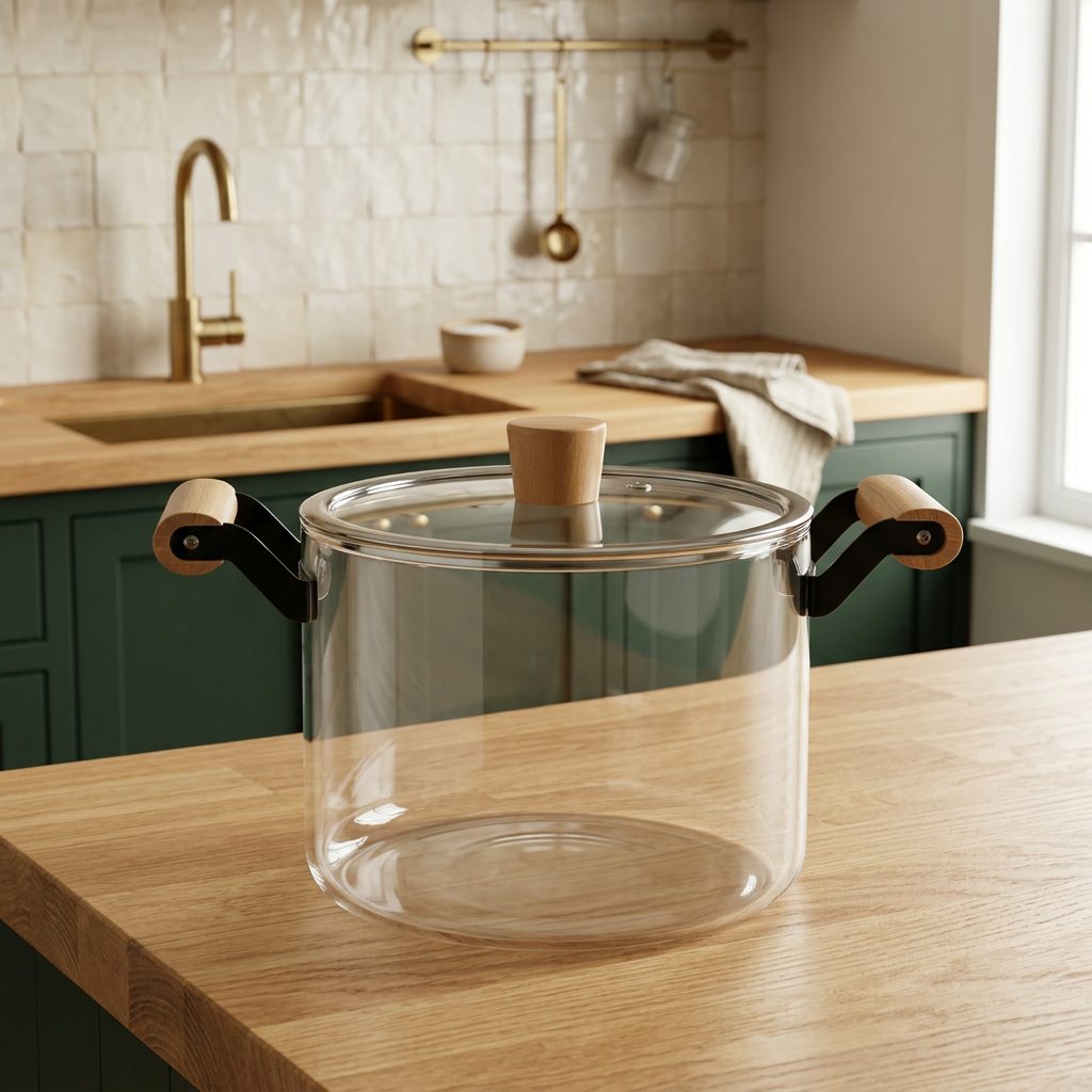 Your empty glass pot in a different kitchen with forest-green cabinets and an oak countertop
