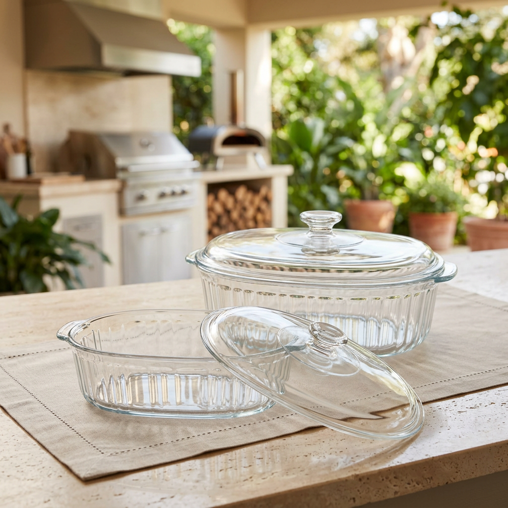 Your glass baking dishes and lids on an outdoor kitchen countertop, with 865 × 865 px requested